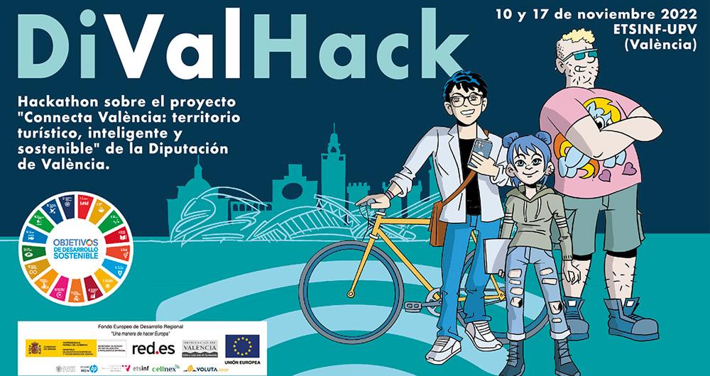 Banner DiValHack: Hackathon on the project "Connecta Valencia: Territorio Turístico Inteligente y Sostenible" of the Diputación de Valencia, 10 and 17 November 2022, ETSINF-UPV (Valencia).