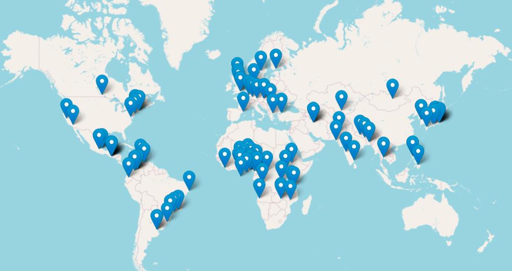 World map highlighting with a marker the locations where Open Data Day 2025 events are being held.