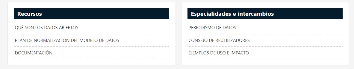 Captura del menú especialidades e intercambios del portal de datos abiertos de la Diputación de Castellón