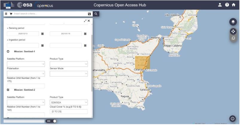 Screenshot showing sentinel-2 scene search and download capabilities from Copernicus Open Access Hub (url:scihub.copernicus.eu/dhus/)