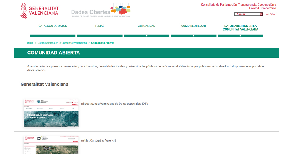 Captura de la sección de Comunidad Abierta del portal de datos abiertos de la Generalitat Valenciana. URL: http://portaldadesobertes.gva.es/es/comunitat-oberta