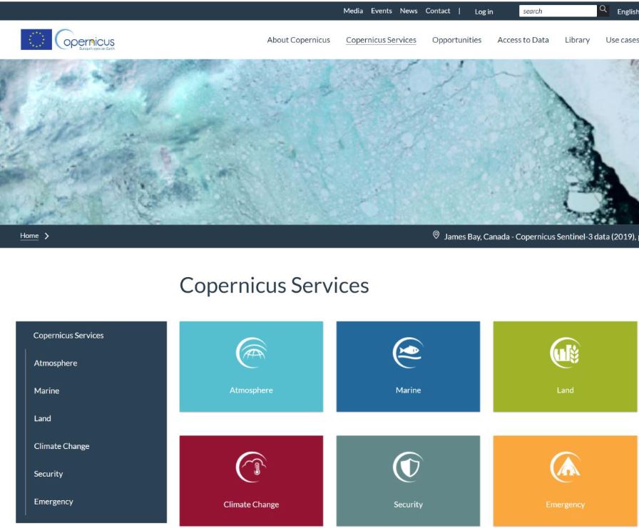 Captura de la página web de Copernicus donde se muestran los servicios que aborda