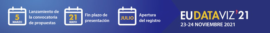 Plazo para presentar las propuestas para participar en el EU Dataviz. 5 de marzo: Lanzamiento de la convocatoria de propuestas; 21 de mayo: Fin plazo de presentación; Julio: Apertura del registro; EU Dataviz 21: 23-24 noviembre 2021