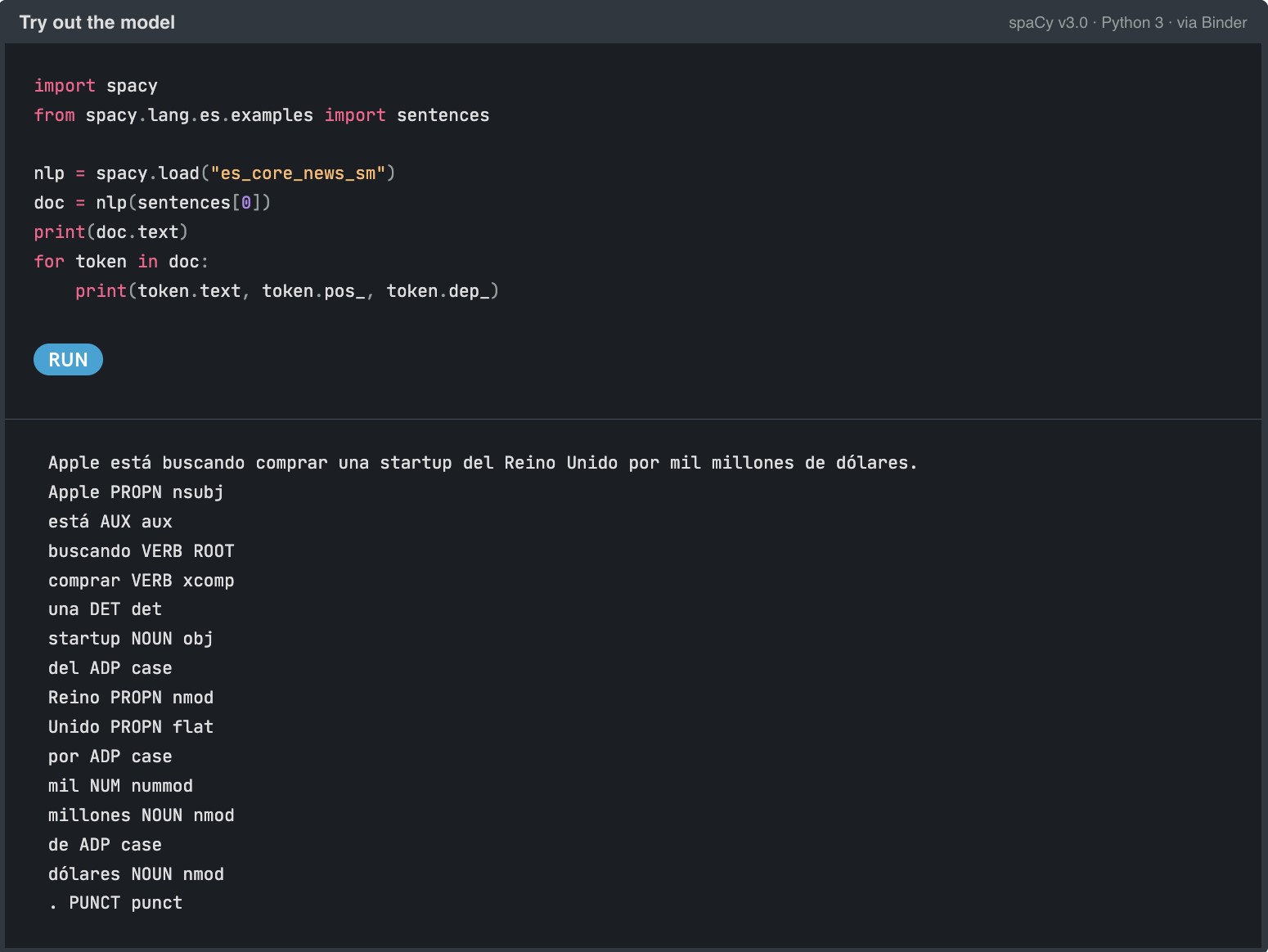 Ejemplo del uso de la pipeline (flujo) de Spacy es_core_news_sm para identificar entidades en una frase en español.