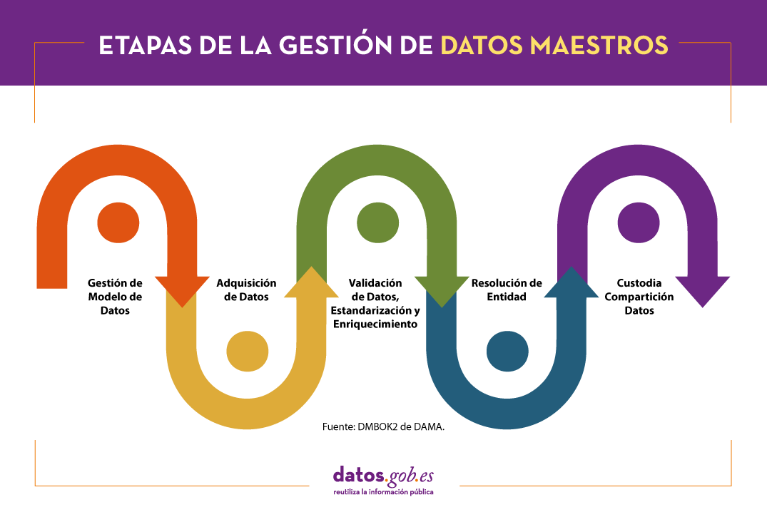 Etapas de la gestión de datos maestros: Gestión de modelo de datos, Adquisición de datos, Validación, estandarización y enriquecimiento, Resolución de entidad, Custodia y compartición de datos 