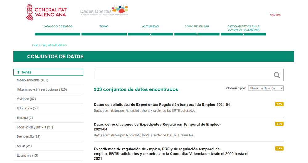 Captura de pantalla del catálogo de datos del portal de datos abiertos de la Generalitat Valenciana. URL: https://dadesobertes.gva.es/es/dataset?sort=metadata_modified+desc