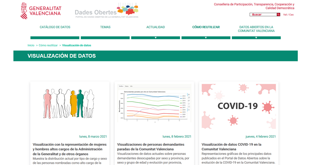 Captura de la sección de visualizaciones del portal de datos abiertos de la Generalitat Valenciana. URL: http://portaldadesobertes.gva.es/es/visualitzacio-de-dades